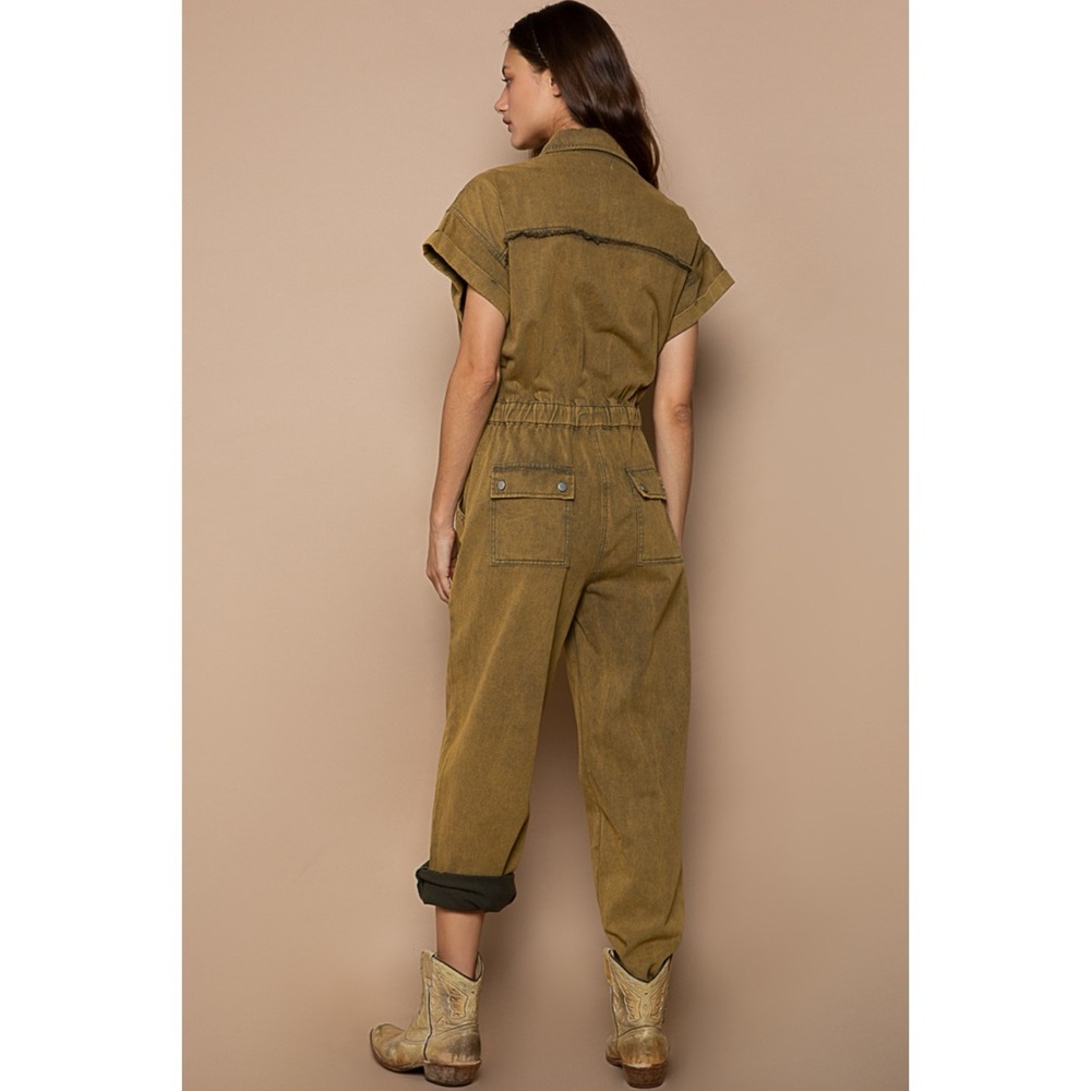 POL Olive Mineral Washed Button Front Adjustable Waist Denim Jumpsuit - Picture 6 of 8